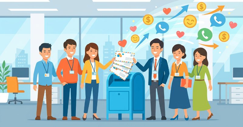 笑顔の日本人チームが、完成したDMをポストに入れ、顧客からの反応（ハート、問い合わせ、成約アイコン）が返ってくるフラットなイラスト。