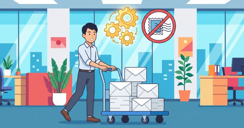 切手を貼る手間がなくなり、カートに乗せた大量のDMを笑顔で運ぶ日本人男性社員のフラットイラスト。