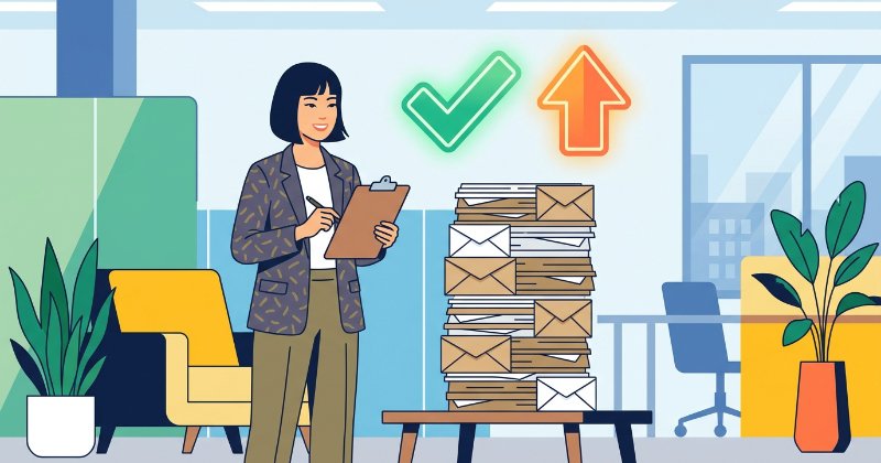 50通以上の郵便物の束を確認し、条件クリアを示す大きなチェックマークを見つめる日本人女性スタッフのフラットイラスト。
