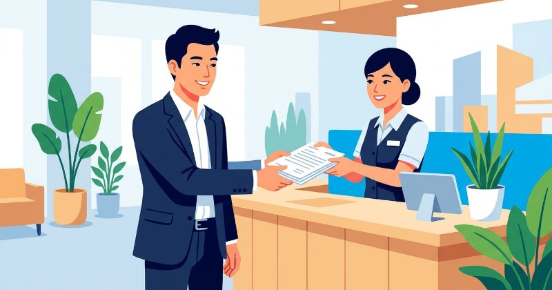 清潔感のある窓口で、笑顔で申請書類を提出する日本人ビジネスマンと受付スタッフのフラットイラスト。