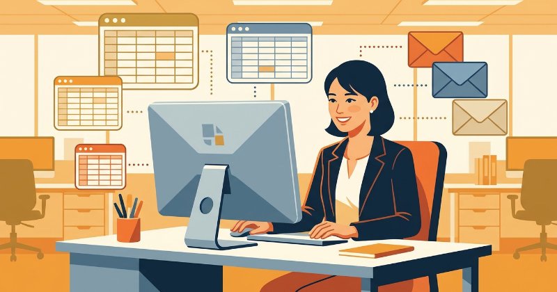 現代的なオフィスで、整った宛名リストの表と封筒のアイコンを管理し、笑顔を見せる日本人女性社員のフラットイラスト。