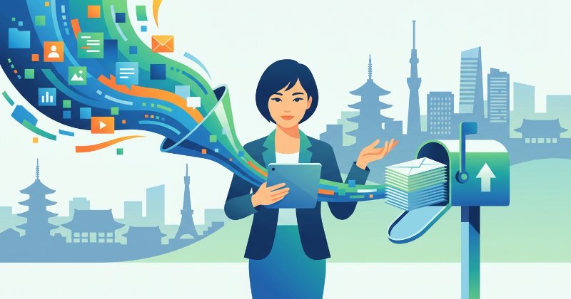 顧客データを整理してDMを効率的に発送する日本人女性のイラスト。