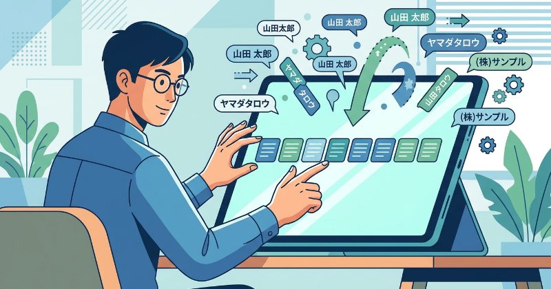 様々な表記ゆれのデータを整理して統一する日本人男性のイラスト。