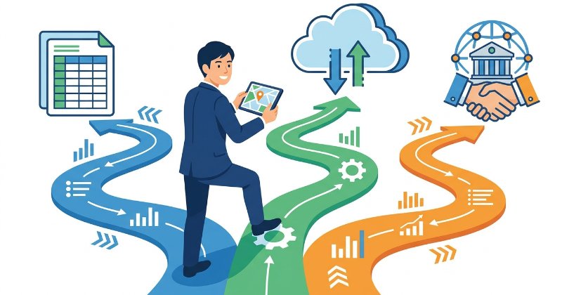 Excel、ツール、外注から自社に最適な名寄せ方法を選ぶ日本人ビジネスマンのイラスト。