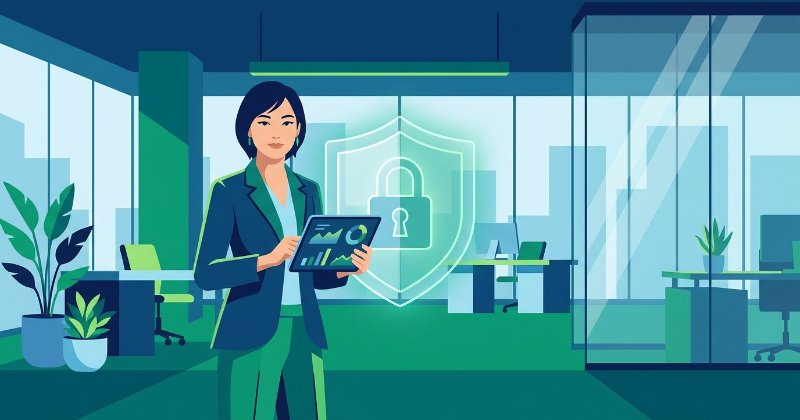顧客データを安全に管理・保護している日本人マーケターのイラスト。
