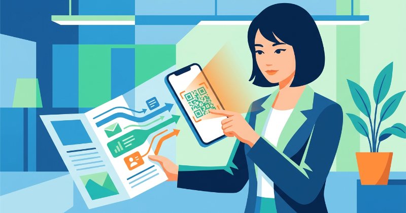 紙のDMにあるQRコードをスマートフォンで読み取る日本人マーケターのイラスト。