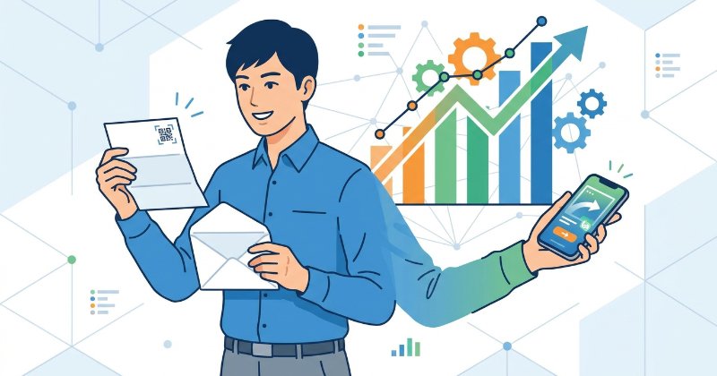 紙のDMにあるQRコードをスマートフォンで読み取る日本人マーケターのイラスト。