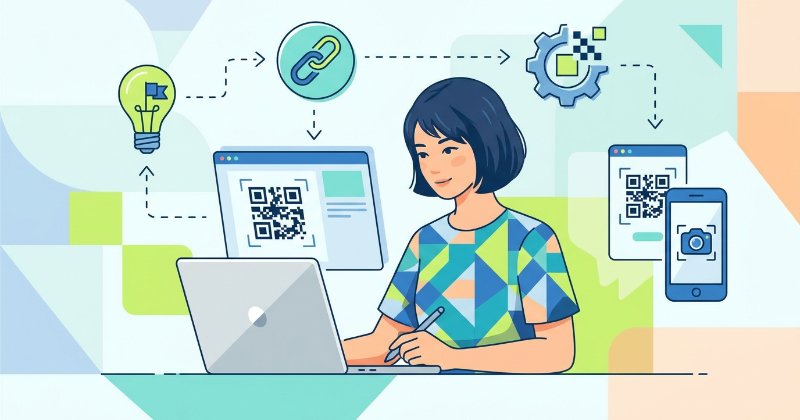 PCでの設定からスマホでの読み取りテストまでの制作フローを表すイラスト。