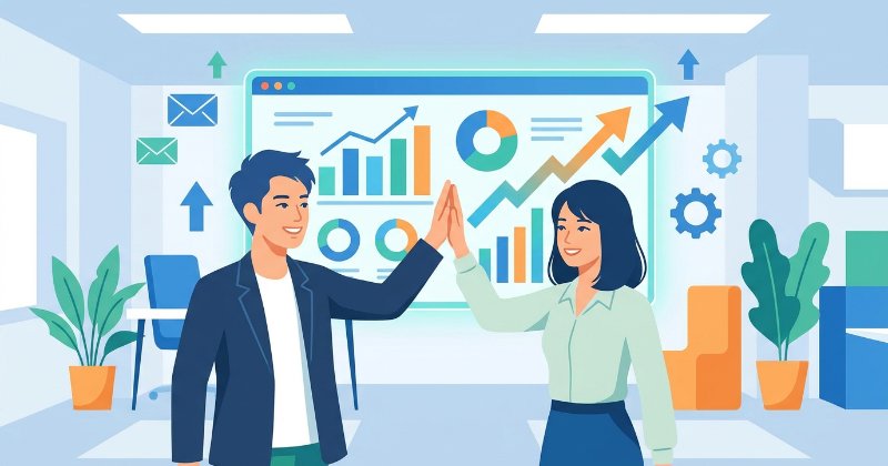 QRコード経由のアクセスデータを分析し、成果を出して喜ぶ日本のマーケティングチームのイラスト。